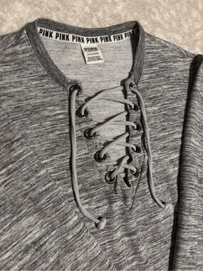 PINK Victoria's Secret Long Sleeved Sweater Lace-Up V-Neck Marled Grey - Small